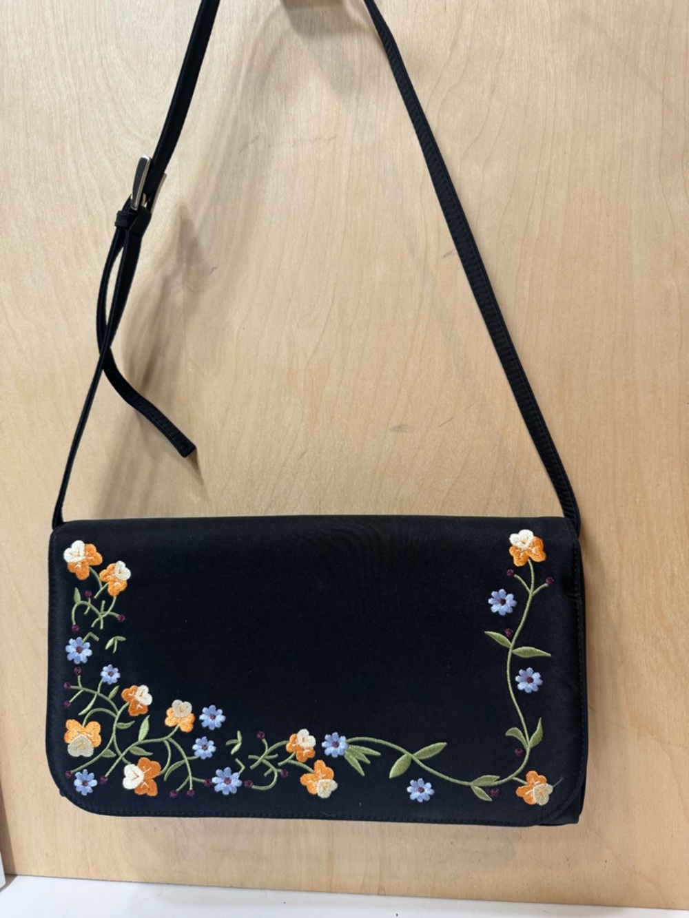 Black Floral Embroidered Shoulder Bag with Adjustable Strap